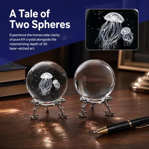 Vista 2 de Juego de 2 bolas de cristal y 2 soportes plateados - 1 bola transparente y 1 medusa grabada en 3D con bola de estrella, bola decorativa, esfera