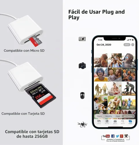 Vista 3 de Lector de Tarjetas SD para iPhone iPad, Cable Adaptador de Tarjeta SD/Micro SD Certificado MFi de Apple con Ranuras Duales para Cámaras SLR, Visor