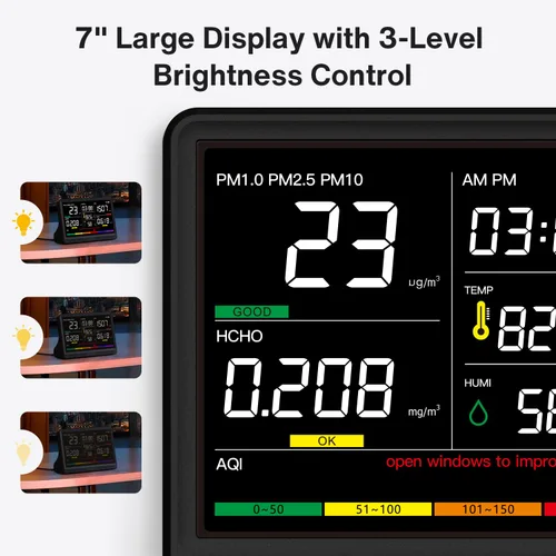 Vista 9 de Monitor de calidad del aire 16 en 1 para interiores, pantalla de 7 pulgadas, 9 alertas AQI+7 AQI, monitor de CO2 probador de calidad del aire