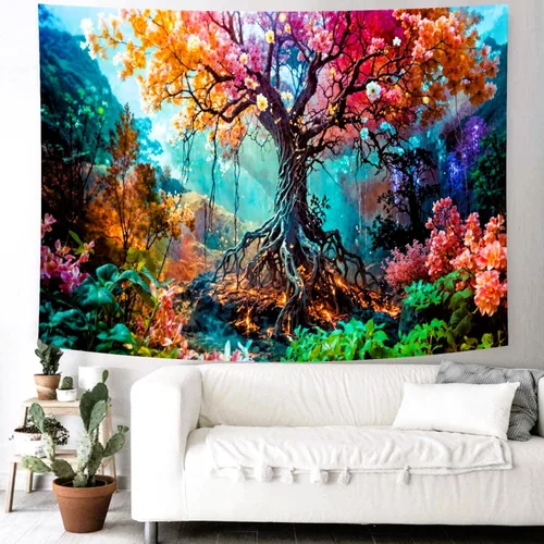 Vista 4 de Delur Tapiz de bosque con diseño de árbol de la vida, bosque tropical, para colgar en la pared, colorido paisaje místico, cabecero psicodélico
