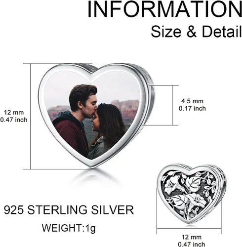 Vista 6 de PEIMKO Abalorio personalizado con diseño de corazón de flor de nacimiento, plata de ley, mes de nacimiento, flores, corazón, imagen, abalorio