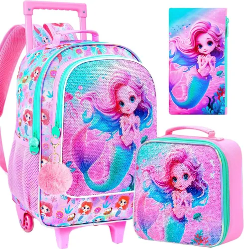 Vista 8 de Mochila rodante para niñas y niños, juego de 3 piezas con ruedas de diseño de unicornio o dinosaurio Dinosaurio astronauta.