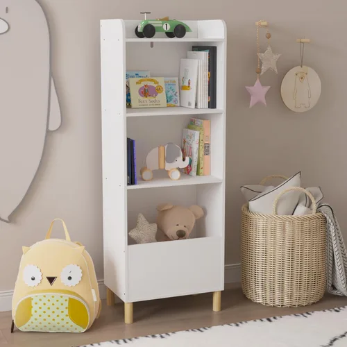 Vista 10 de Estantería para niños, estante para libros para niños con cajones de tela plegables, organizador de almacenamiento de juguetes, estantería