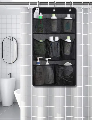 Vista 2 de KIMBORA Organizador de ducha de malla para colgar en el baño, con 2 bolsillos grandes, 3 anillos, barra de cortina colgante para dormitorio, Negro