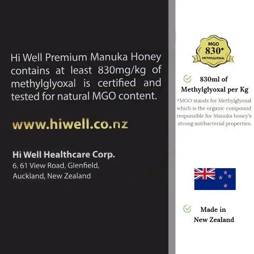 Vista 5 de (3 unidades) Hi Well Premium Manuka 100% miel de Nueva Zelanda MGO 830+ 250g (8.8oz)