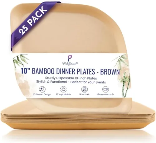 Vista 14 de Platos desechables de bambú marrón – Platos compostables de aperitivo de 8 pulgadas – Platos de postre de ensalada biodegradables resistentes