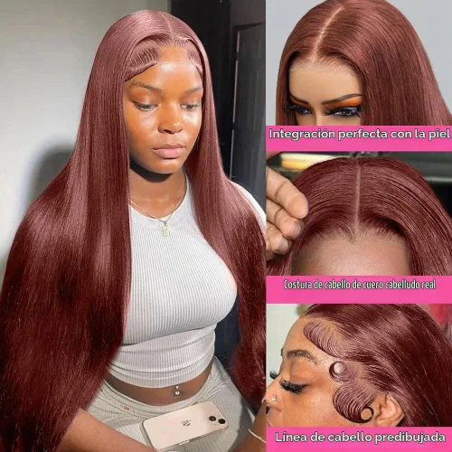 Vista 4 de Pelucas de cabello humano de 28 pulgadas con encaje frontal de color marrón rojizo de 5 x 5, pelucas de cierre de encaje HD para mujeres negras