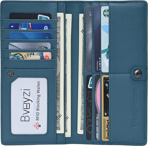Vista 2 de Bveyzi Billeteras de cuero ultrafino con bloqueo RFID para tarjetas de crédito, billetera plegable para mujer
