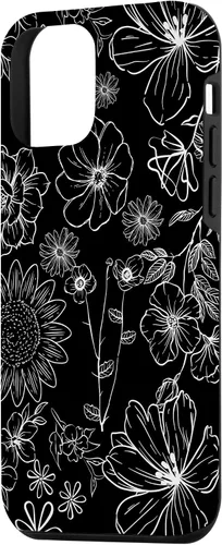Vista 2 de iPhone 12 Mini - Funda floral de primavera con patrón de flores silvestres en blanco y negro