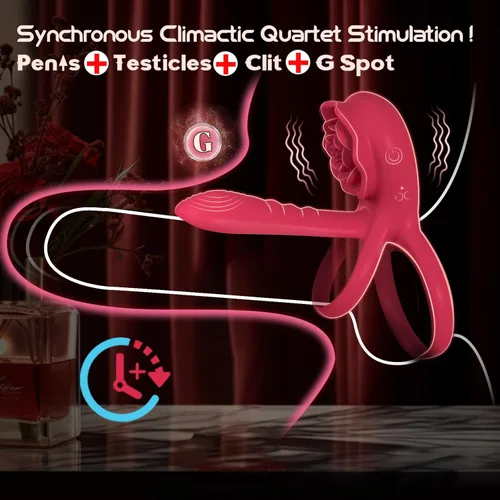 Vista 2 de Anillo vibrador para el pene con estimulador de clítoris rosa, vibrador de anillo para el pene para parejas, juguetes sexuales para hombres