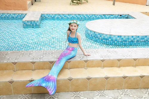 Vista 6 de DNFUN Colas de sirena para nadar para niñas, traje de baño de sirena con monoaleta