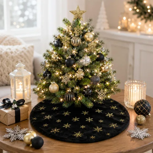 Vista 3 de Faldones de Felpa para Árbol de Navidad, 24 pulgadas, Lujosa Cubierta de Base de Árbol de Navidad de Piel Sintética Negra con Copos de Nieve Dorados