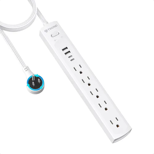 Vista 8 de TROND - Tira de alimentación con protector de sobretensiones, enchufe plano giratorio 360°, 5 tomas ampliamente espaciadas con 2 USB C y 2 USB A