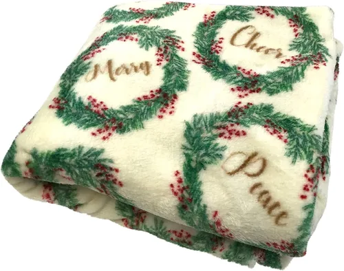 Vista 4 de Manta de Forro Polar para las Fiestas Navideñas: Corona Tradicional de Decoración del Hogar con Saludos Cheers Merry Peace Joy sobre Fondo Beige