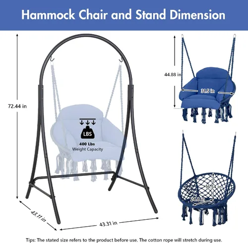 Vista 6 de ANOW Hamaca de macramé resistente con soporte, silla colgante azul
