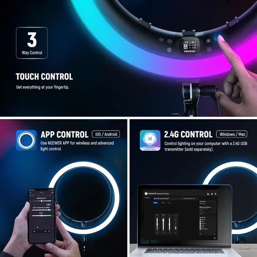 Vista 6 de NEEWER - Anillo de luz RGB LED de 19 pulgadas con soporte, 3 soportes para teléfono, panel táctil, control 2.4G/App, 42W CRI97+ 2800lux/0.5m 360°