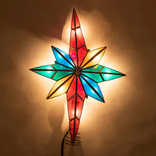 Vista 2 de Kurt Adler Adorno para árbol de Navidad, Estrella de Belén multicolor de capiz con 10 luces y centro de gema