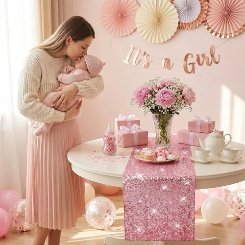 Vista 13 de yuboo Camino de mesa de lentejuelas rosas, paquete de 6 manteles con purpurina de 12 x 72 pulgadas para mujeres y niñas, cumpleaños, boda, despedida