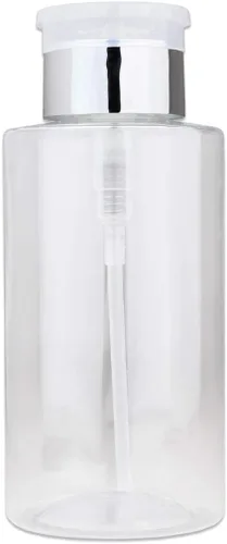 Vista 7 de Dispensador de bomba de empuje transparente de 7 onzas, botella recargable vacía con tapa abatible, para esmalte de uñas, viajes, embalaje