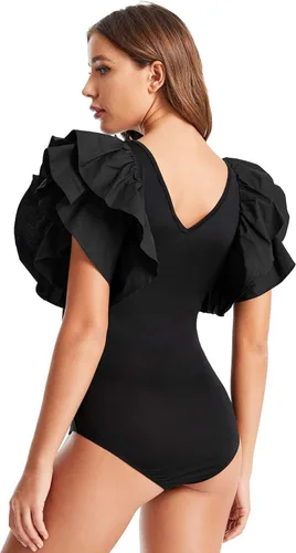 Vista 2 de Romwe - Body elástico para mujer, cuello en V, manga de malla con holanes.