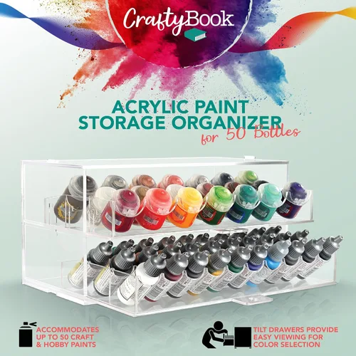 Vista 5 de CraftyBook Organizador de almacenamiento de pintura acrílica, 50 botellas en miniatura, hobby, esmalte, soporte para pintura modelo - 2 cajones