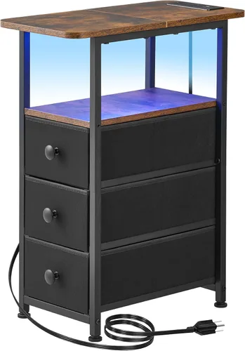 Vista 13 de DALEMHOME Mesa auxiliar estrecha con estación de carga, mesa auxiliar estrecha con cajón, mesita de noche pequeña con luz LED, mesita de noche Negro