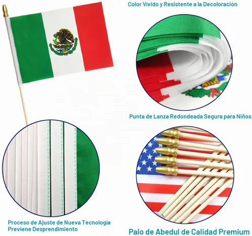 Vista 3 de QQSD Mini banderas de mano con bandera mexicana de México, poste de madera maciza con punta de lanza, paquete de 12