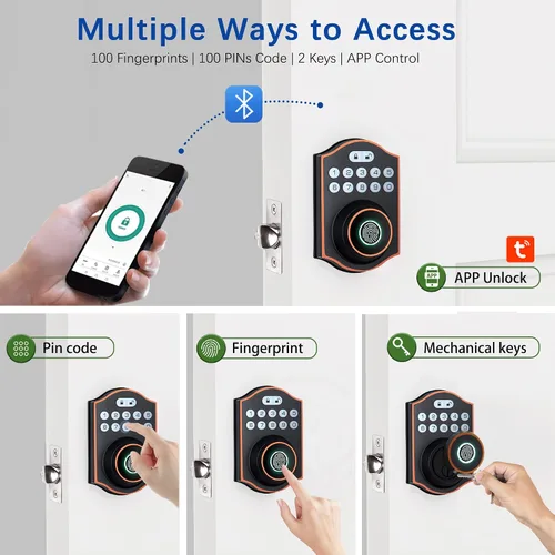 Vista 10 de Cerradura inteligente de puerta de huellas dactilares, cerrojo de entrada sin llave con teclado electrónico, control de aplicación Bluetooth