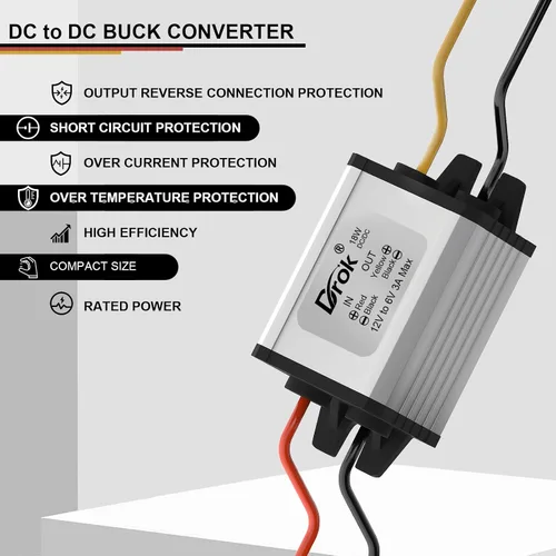 Vista 2 de DROK? Convertidor de corriente de coche impermeable de alta eficiencia DC12V a 6 V/3 A. Reduce el voltaje del módulo 9-22 V a 6 V., 1