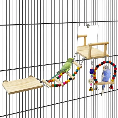 Vista 9 de BNOSDM Plataforma de perca para pájaros con espejo, escalera de escalada de madera para periquitos, juguetes de columpio para pájaros pequeños