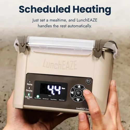 Vista 6 de LunchEAZE Core Gen 2 Lonchera Calentada y Eléctrica Sin Cable – Alimentada por Batería, Capacidad de 4 Tazas, 104°C, Calefacción Programada