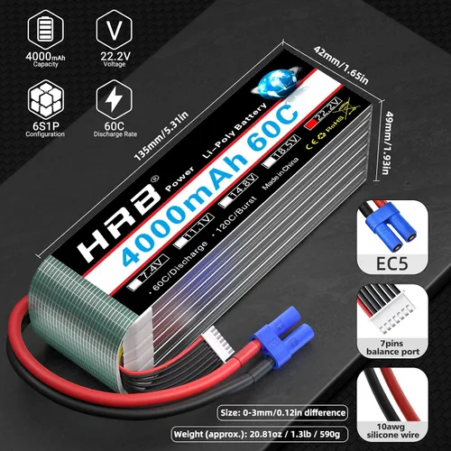 Vista 4 de HRB Paquete de 2 baterías Lipo 6S 4000mAh 60C EC5 y 1 bolsa Lipo