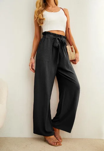 Vista 3 de IWOLLENCE Pantalones de pierna ancha para mujer con bolsillos, cintura alta, nudo ajustable, holgados, casuales, para trabajo y negocios