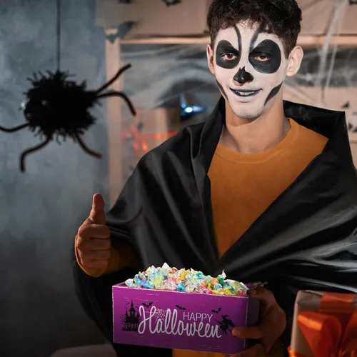 Vista 6 de Sintuff Cuenco de madera para dulces de Halloween, soporte grande y divertido para platos de dulces, vajilla de truco o trato para fiestas