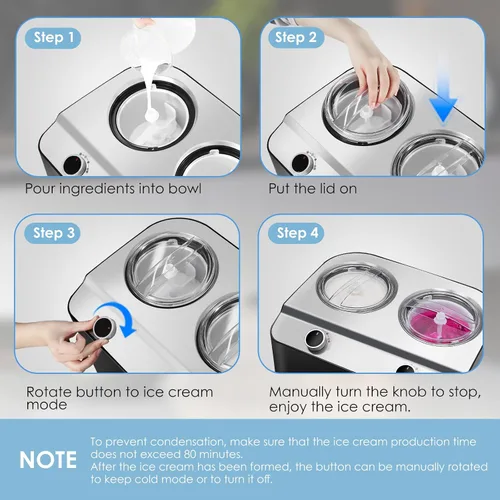 Vista 5 de Homtone Máquina de helados de 2 sabores, compresor automático de helados con 2 cuencos, 2.6 cuartos de galón (2 x 1.3 qt) de mayor capacidad
