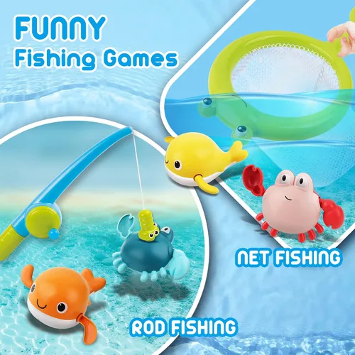 Vista 3 de Dwi Dowellin Juguete de baño para niños pequeños, juguete de bañera con juguetes de natación flotantes sin moho y tazas apilables, juego de pesca