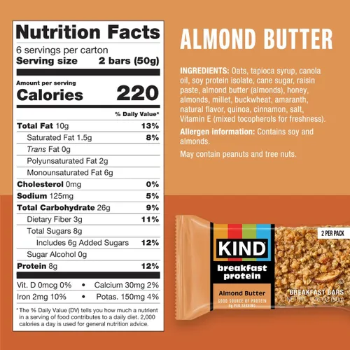 Vista 2 de KIND - Barras de proteína para el desayuno, mantequilla de almendras, snacks saludables, libres de gluten, con 8g de proteína, 6