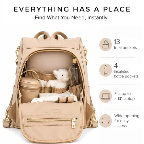 Vista 3 de MIA + SOPHIA Mochila de cuero para pañales con puerto de carga USB, cambiador, correas para cochecito y portabotellas (Marrón Mia)