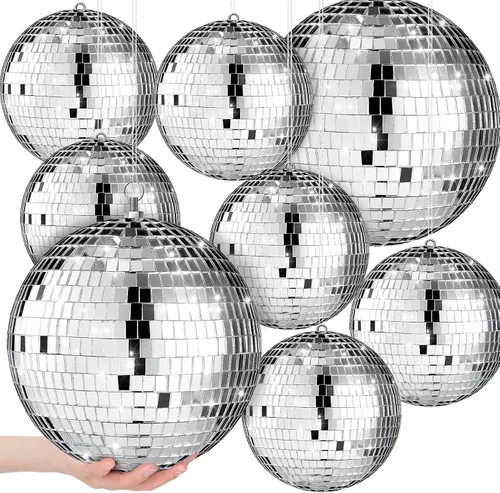 Vista 8 de Haull - Set de 8 bolas de discoteca grandes, bolas de espejo plateadas y reflectantes con anillo para colgar, ornamento para fiesta, decoración