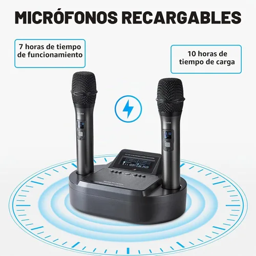 Vista 3 de Sistema de micrófono inalámbrico de mano recargable, micrófonos inalámbricos profesionales duales UHF para karaoke en casa, reuniones, fiestas
