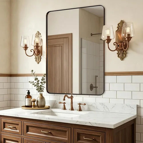 Vista 51 de ANDY STAR Espejo de pared cuadrado para baño, espejo de baño negro mate de 24 x 24 pulgadas, espejo de metal de esquina redondeada en marco de acero
