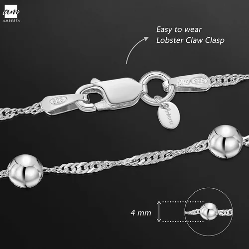 Vista 5 de Amberta Pulsera de plata de ley 925 1.4 Singapur con cuentas de bola de 0.157 in, 7 pulgadas, 7.5 pulgadas