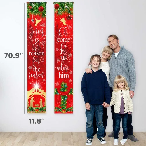 Vista 2 de Funnytree Letrero rojo de Navidad con texto en inglés "Jesús Nativity", cartel para puerta religiosa de invierno, Navidad, suministros de fiesta