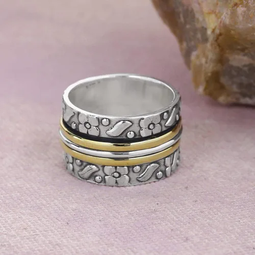 Vista 3 de YoTreasure Blue Topaz Solid 925 Sterling Silver Brass & Copper Meditation Spinning Ring