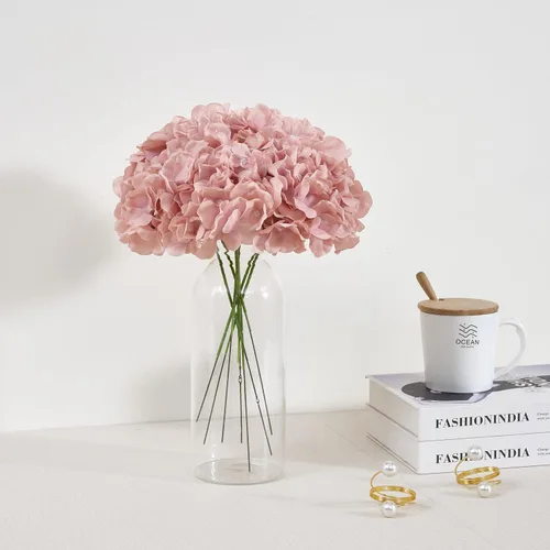 Vista 4 de Flores de hortensias artificiales rosa polvoriento, 10 cabezas de flores de seda de hortensia falsas para centros de mesa de boda, ramos de 10