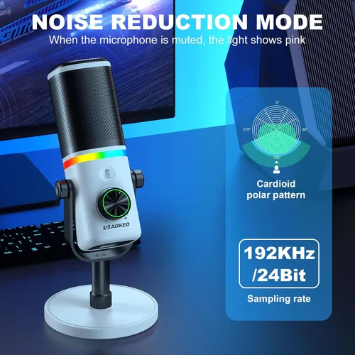 Vista 4 de Aokeo Micrófono para PC, AK-10 USB/XLR Micrófono de escritorio dinámico para juegos, podcast, transmisión con luz RGB, control de volumen, botón