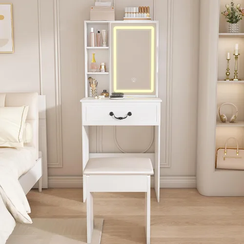 Vista 15 de Escritorio de tocador abatible con espejo iluminado LED y toma de corriente integrada, mesa de tocador de maquillaje con 2 cajones, almacenamiento