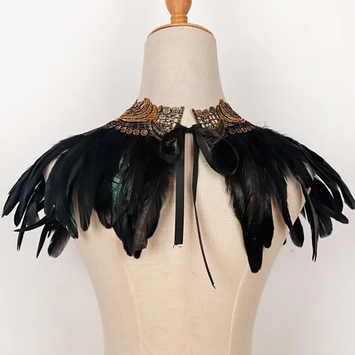 Vista 7 de L'VOW Real Negro Pluma Arnés Collar Collar Collar Babero Halloween