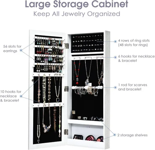 Vista 3 de Giantex Armario de joyería montado en la pared con espejo, organizador de joyas con ranuras para aretes, ganchos para collares, ranuras para anillos