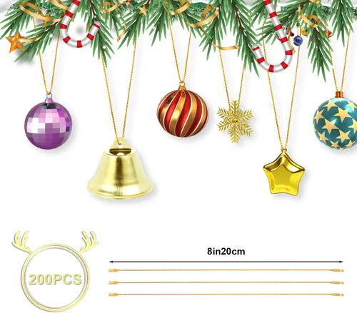 Vista 2 de 200 cuerdas para colgar adornos de Navidad, cuerda metálica de oropel a presión para árbol de Navidad, ganchos de cinta para festivales de fiesta